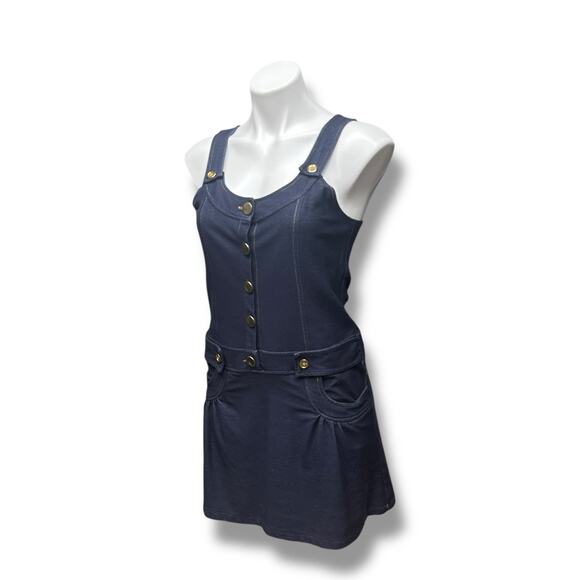 Vintage Y2K Overall Dress Women’s Stretch "Denim" Gold Button Front Pockets Sz L - Picture 1 of 9